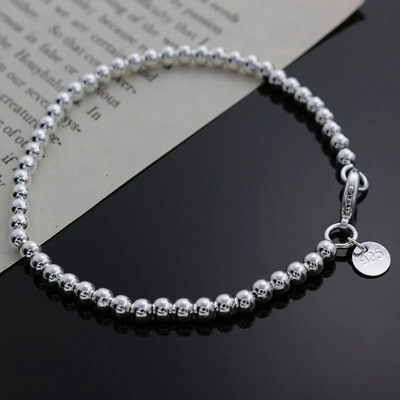 Piękna moda Elegancki łańcuszek z koralików 925 Sterling Silver 4MM Kobiety Śliczna bransoletka Wysokiej jakości wspaniała biżuteria — zdjęcie 6
