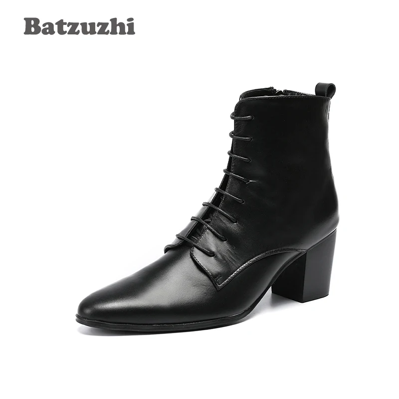 

Batzuzhi Cowboy Boots Men High Heels 6.8cm Black Soft Leather Ankle Boots Thick Heels Men Shoes Zapatos Hombre Lace Up Man Boots