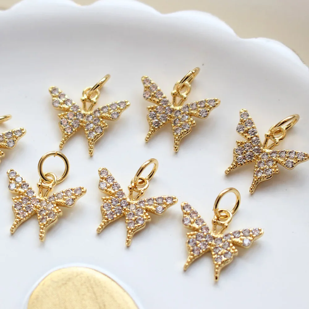 2PCS Butterfly with Zircon Pendant Brass Charms for Jewelry Findings Making Necklace 18k Gold Plating DIY Hand Made  Accessories