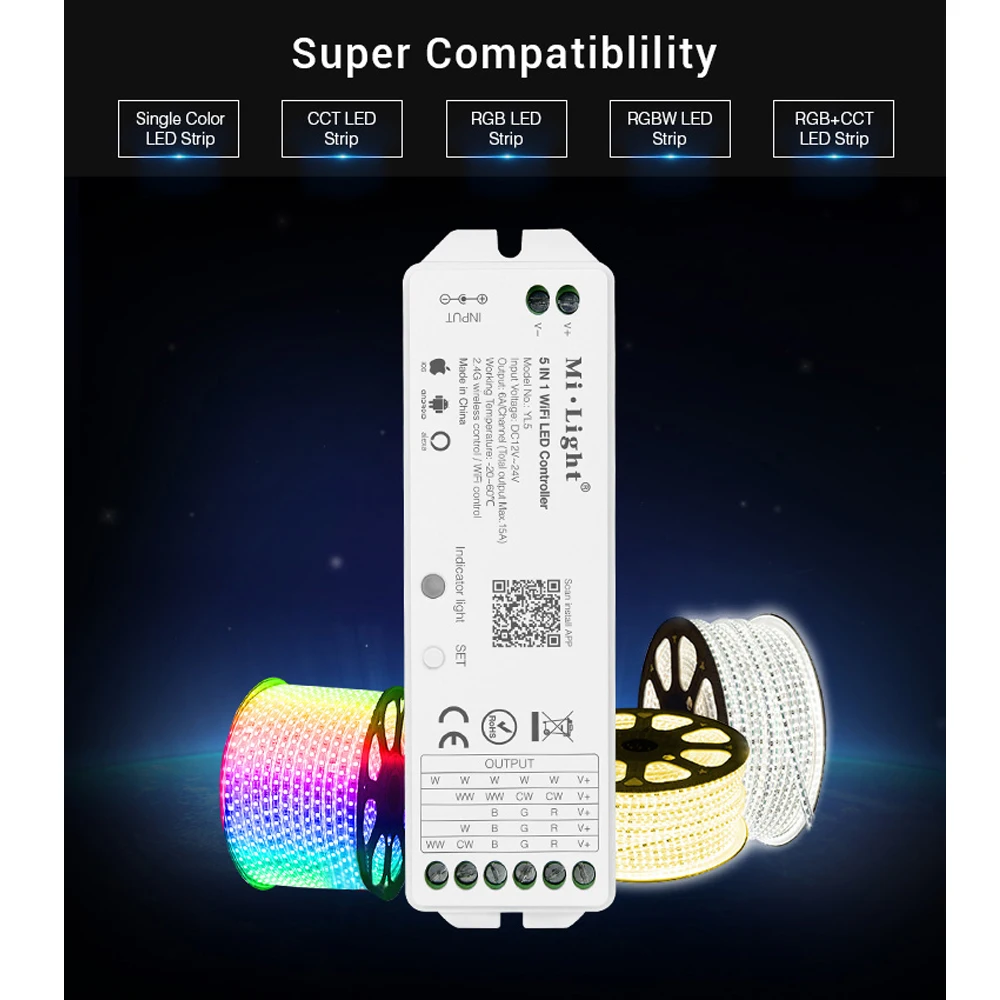 MiBoxer WL5  5 in 1 LED WIFI Controller For RGB RGBW RGB CCT Single color led strip light Alexa Voice phone App Remote