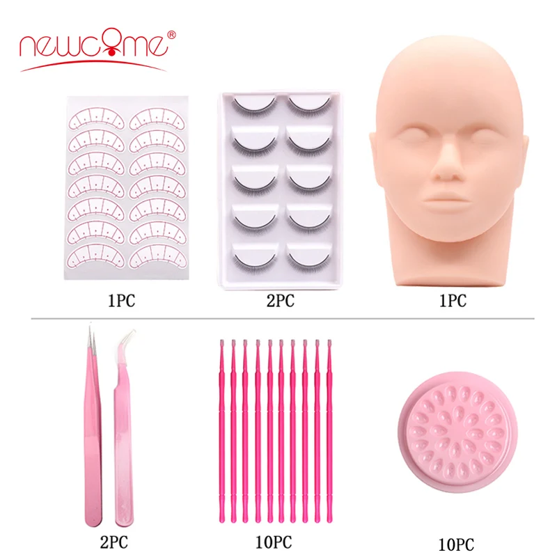 NEWCOME Exercise Practice Mannequin Head Set Grafting Eyelash Tools Kit Eyelash Extension Training Kit Eye Lashes Grafting