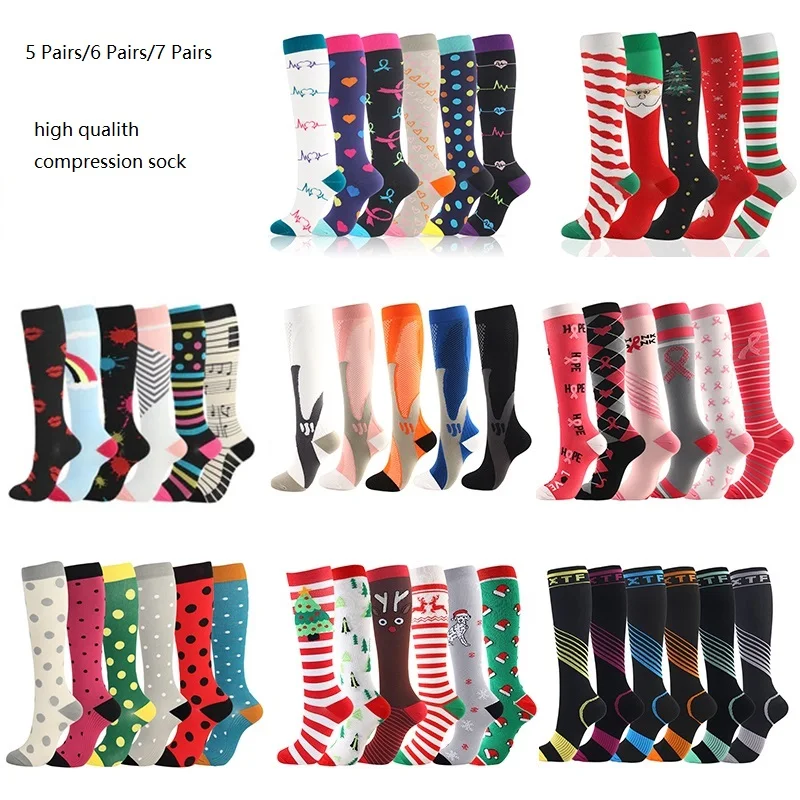 Compression Socks Women Men 5/6/7 Pairs Running Athletic Outdoor Sports Sock Flight Travel Nurses Running Athletic Socks