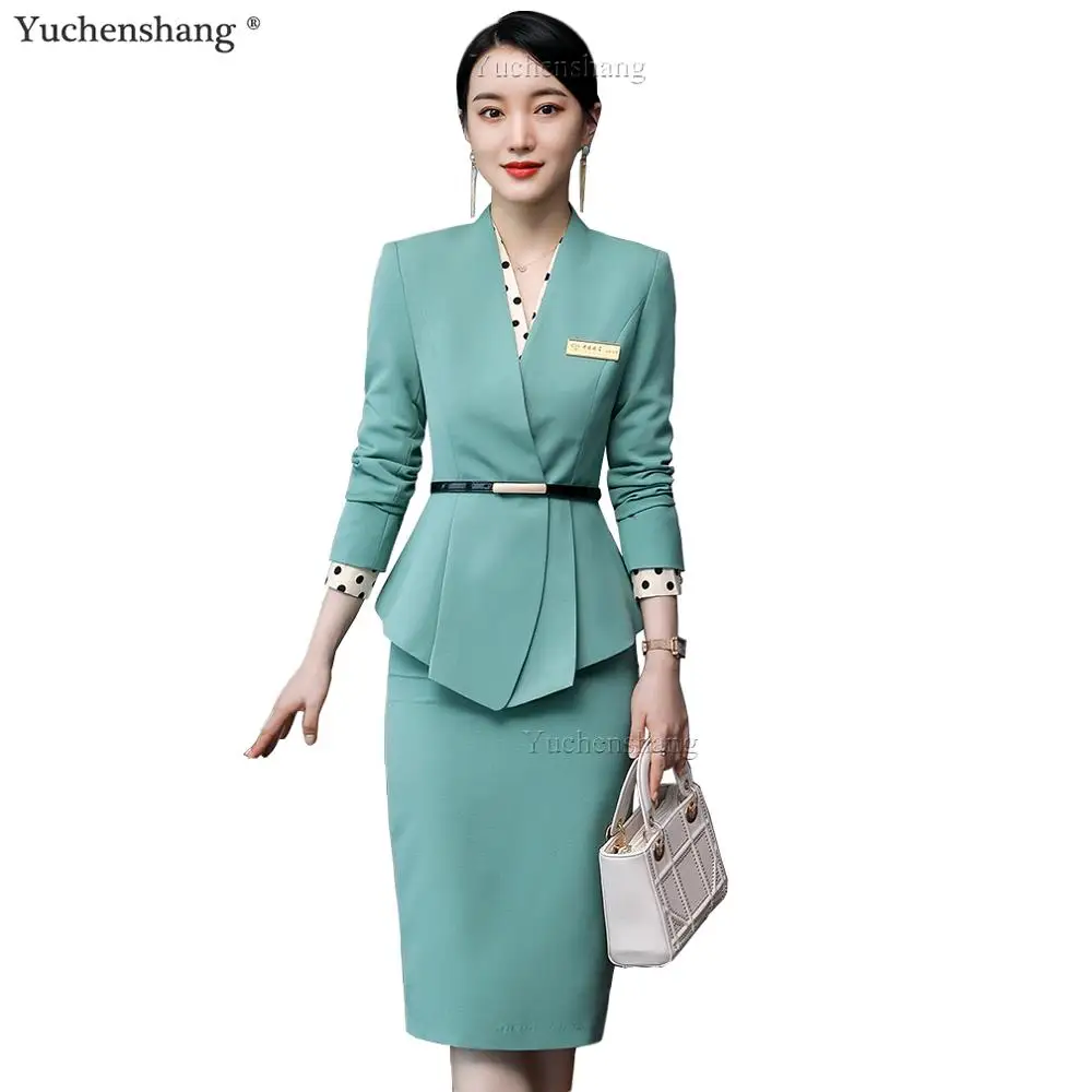 Elegant Ladies Blazer and Skirt Suit Women Green Black Apricot Formal 2 Piece Set High Quality Slim Business Work Wear Clothes