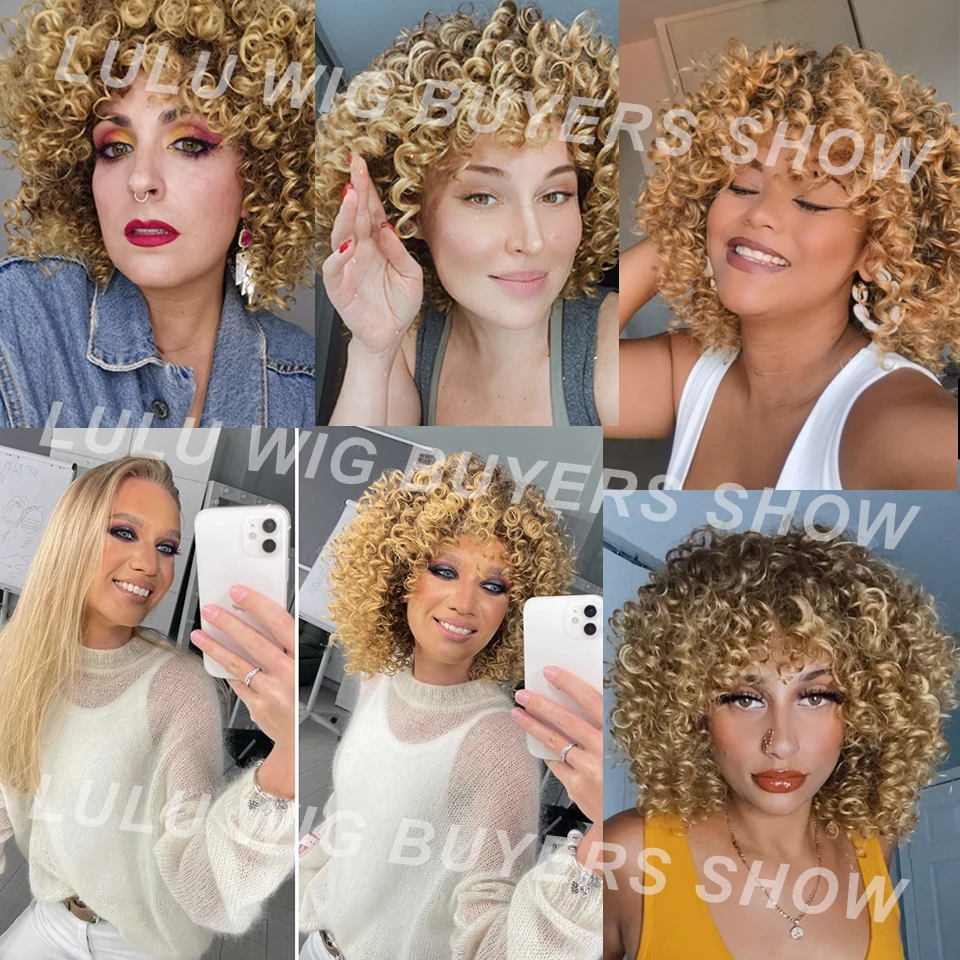 Parrucca bionda riccia corta per donne nere parrucca riccia crespa Afro con frangia parrucca Cosplay bionda sintetica naturale Glueless Ombre marrone