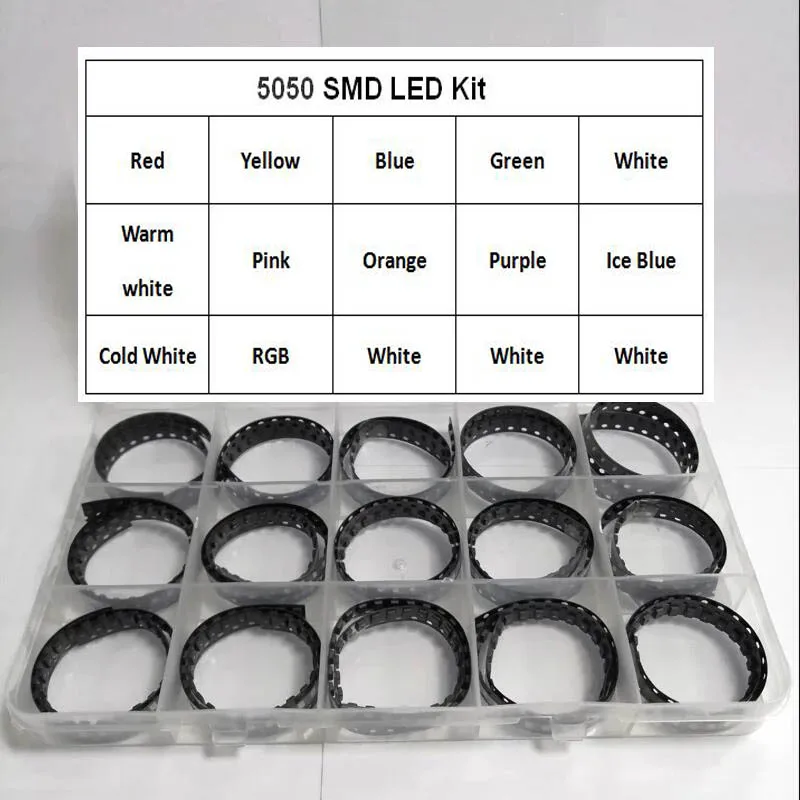 375Pcs 5050 SMD LED 15Colors x 25Pcs Red/Green/ICE Blue/Yellow/White/WARM WHITE/UV/Purple Pink RGB Cold LED Diode Kit