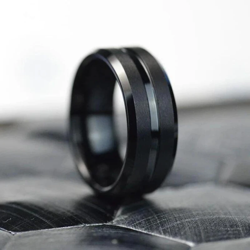 Fashion 8mm Men's Black Tungsten Wedding Band Rings Black Groove Beveled Edge Engagement Ring Men’s Valentine Gift