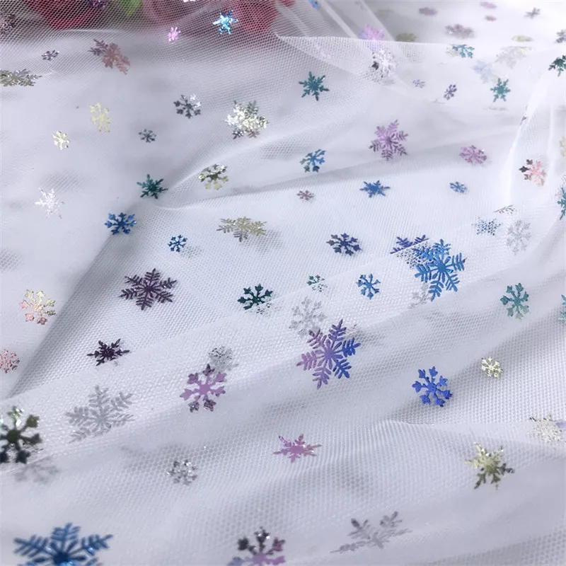 Print Colorful Snowflake Tulle lace fabric No stretch For DIY wedding dress Baby  Christmas festival Cosplay Dress By 1 yard