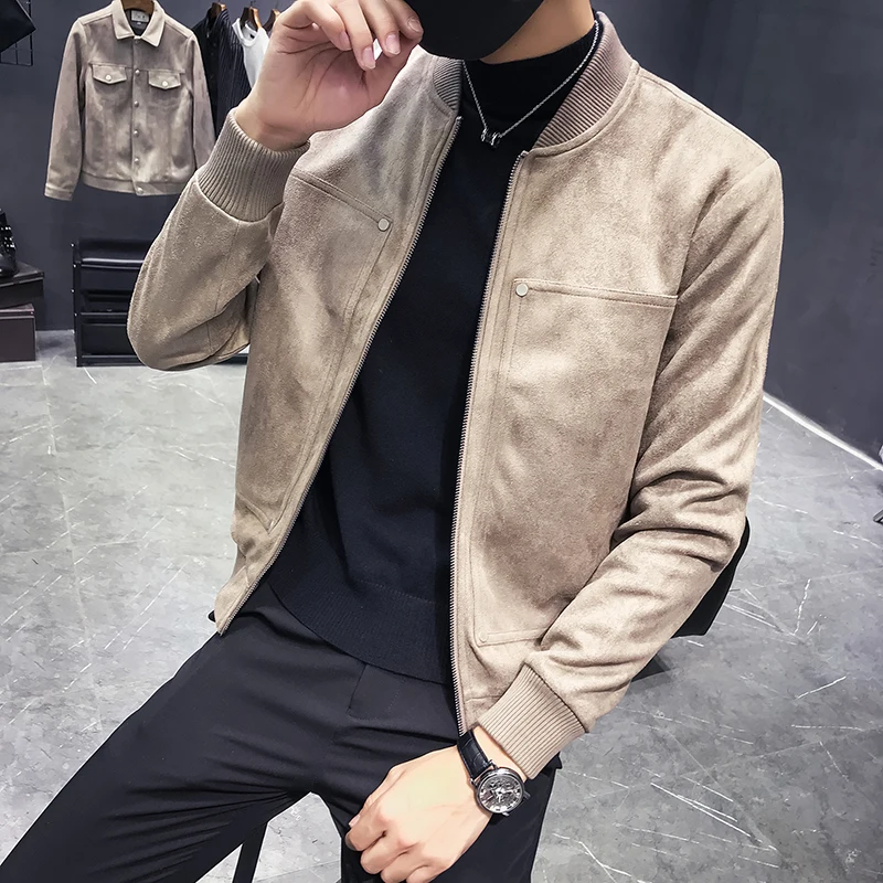 New Arrival 2022 Autumn Khaki Suede Jackets Mens Slim Fit Leather Jackets Mens Black Bomber Winter Coats Stand collar With Rivet