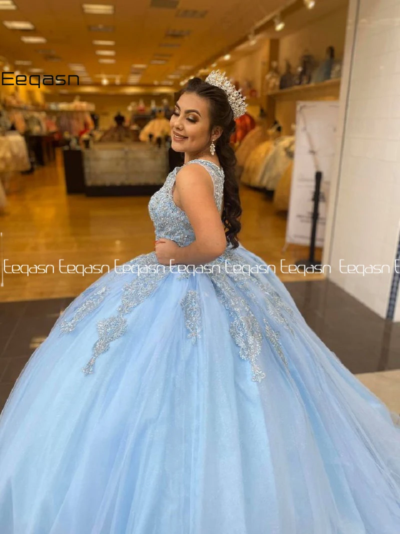 Elegant Sky Blue Baljurk Quinceanera Jurken 2021 Kralen Kant Applique Sweet 16 Dress Masquerade Party Wear Formele