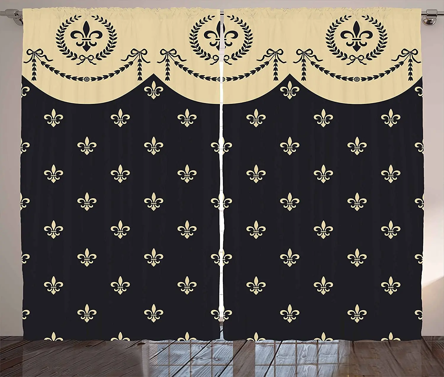 

French Window Curtains Pattern of Fleur de Lis Illustration Baroque Inspired Print Living Room Decor Bedroom Charcoal Grey