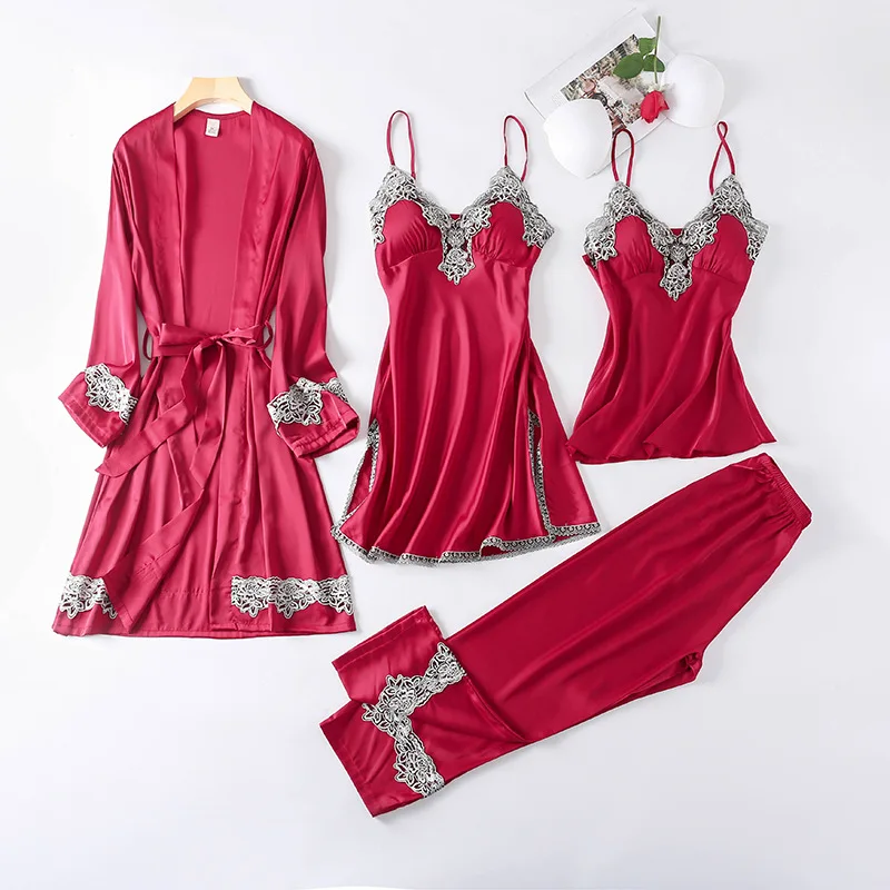 Robe Sets 4 PCS Women Pajamas Lace Spring Silk Nightdress Female Sleepwear Set Elegant Sexy Fashion Autumn Woman Homewear 2021