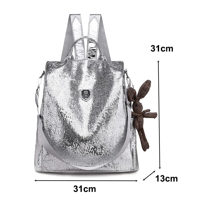 Toposhine 2023 New Casual Women Backpacks PU Leather Anti-Theft Black Backpack Girls School Shoulder Bag With Bunny Black/Silver