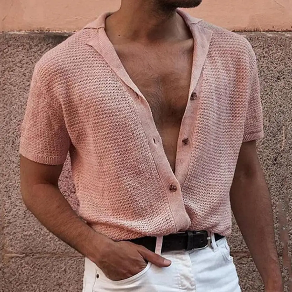 Hot！！！Men T-shirt Solid Color Knitted Summer Top For Men Streetwear 2022 Casual Shirts Lapel Buttons Cardigan for Dating