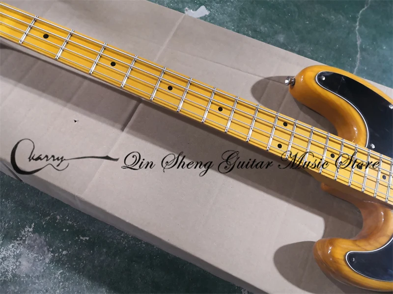 Left Hand Bass Guitar 4 String Tel Bass Yellow Ash Body Maple Wood Fixed Bridge Black Pickguard