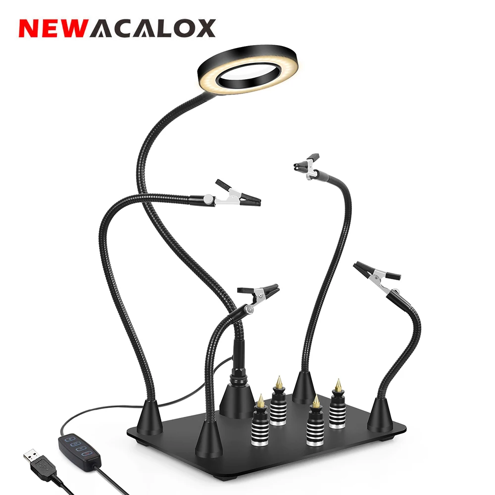 NEWACALOX Trzecia ręka Pana Ręczna pistolet na gorące powietrze Uchwyt na płytę PCB Stojak na pistolet termiczny Pomocne narzędzie do lutowania 3X Szkło powiększające LED