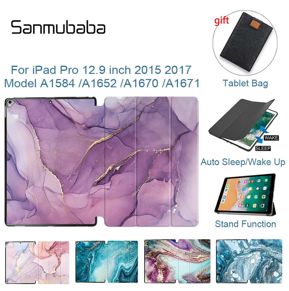 Sanmubaba PU Leather Case For iPad Pro 12.9 inch 2015 2017 Tri-fold Flip Stand Smart funda Marble Tablet Case a1584 a1652 a1670