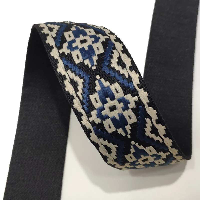 Black Blue 2 Inch Cotton Webbing High Quality Jacquard Ethnic Style 50MM Ribbon Strap