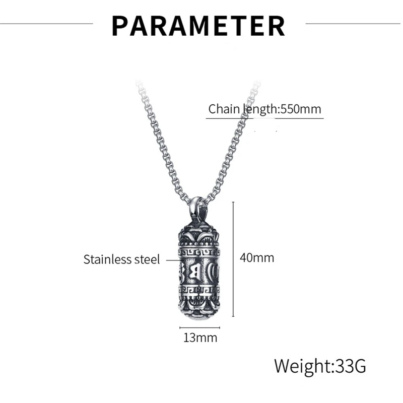 Six-Words Men\'s Necklace Cylindrical Pendant Vintage Tibetan Buddhism Necklaces Stainless Steel Lucky Amulet Male Retro jewelry