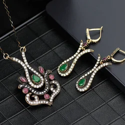 SUNSPICEMS Ethnic Turkish Full Crystal Jewelry Sets Women Ethnic Wedding Jewelry Long Drop Earring Pendant Necklace Bridal Gift