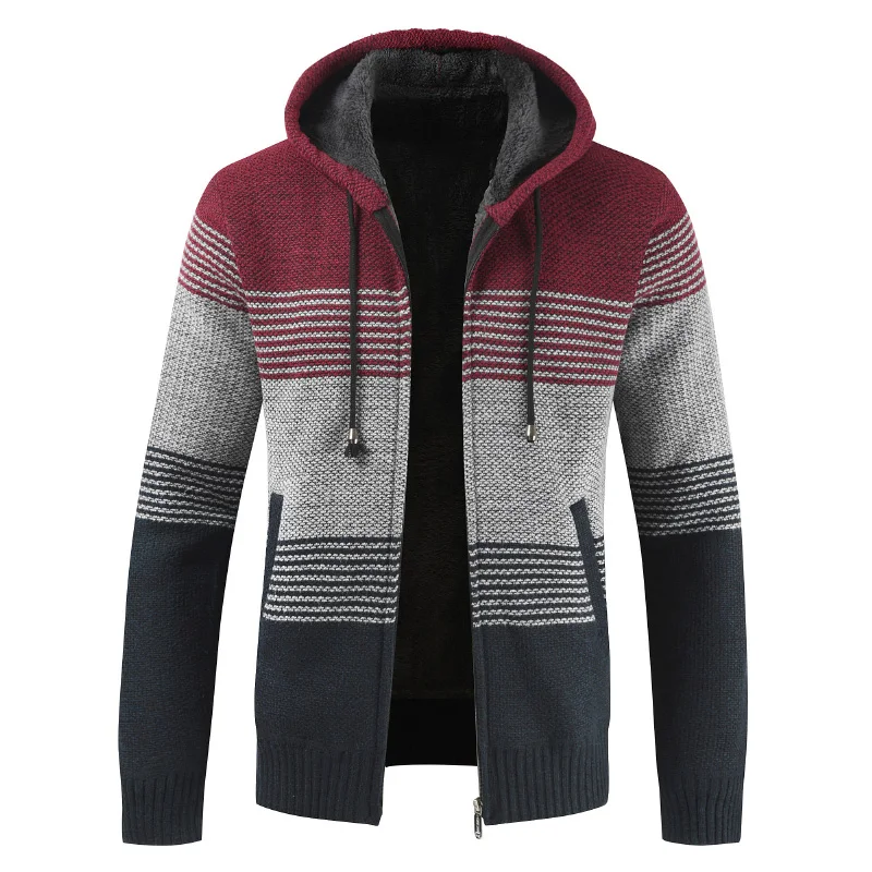 

Sweater Coat Men 2023 Winter Thick Warm Hooded Cardigan Jumpers Men Striped Wool Liner Zipper Fleece Coats Men