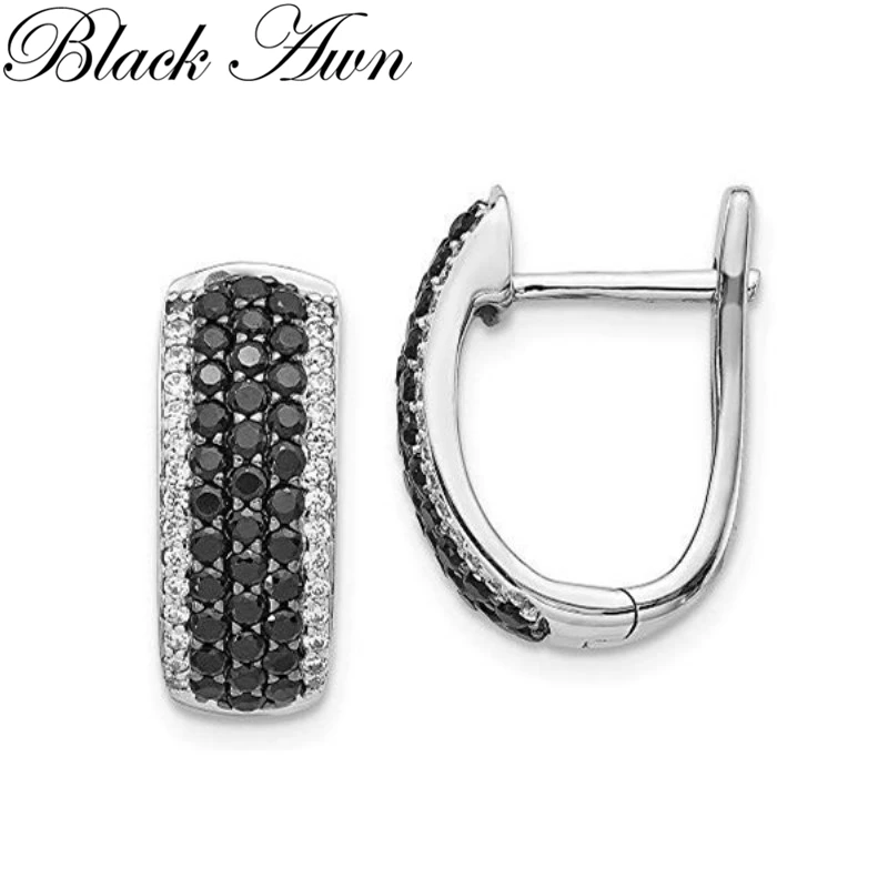 Black Awn 2023 New Classic Silver Color Round Trendy Spinel Engagement Fashion Hoop Earrings For Women I200