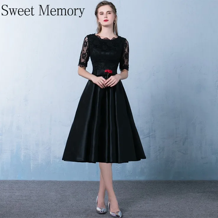 F290 Women Satin Dress 2022 Girls Lace Half Sleeve Prom Dresses Black Navy Blue Red Champagne Wedding Party Robe