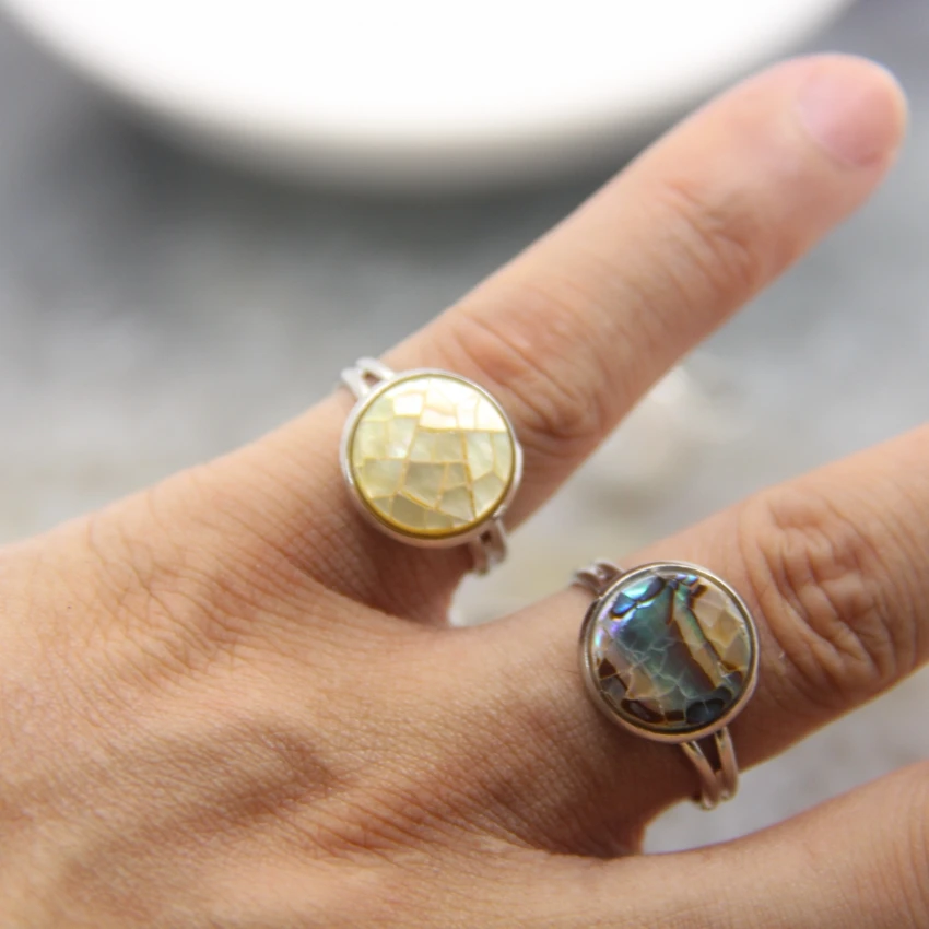 Beautiful Abalone Shell Adjustable Rings,Shell Pearl Classic Round Shape Rings,White/Yellow/Grey/Rainbow Women Finger Rings