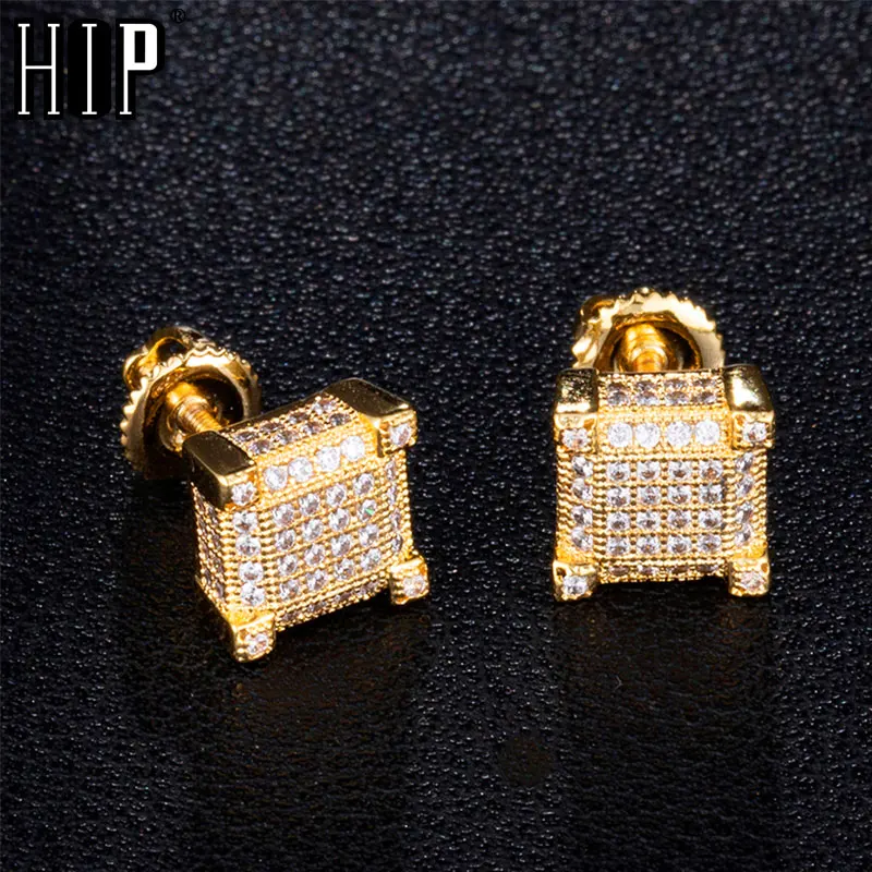 Hip HOP 1Pair Big Zircon Micro Full Paved Iced Out Rhinestone CZ Stone Round Bling Stud Earring Copper Earrings For Men Jewelry