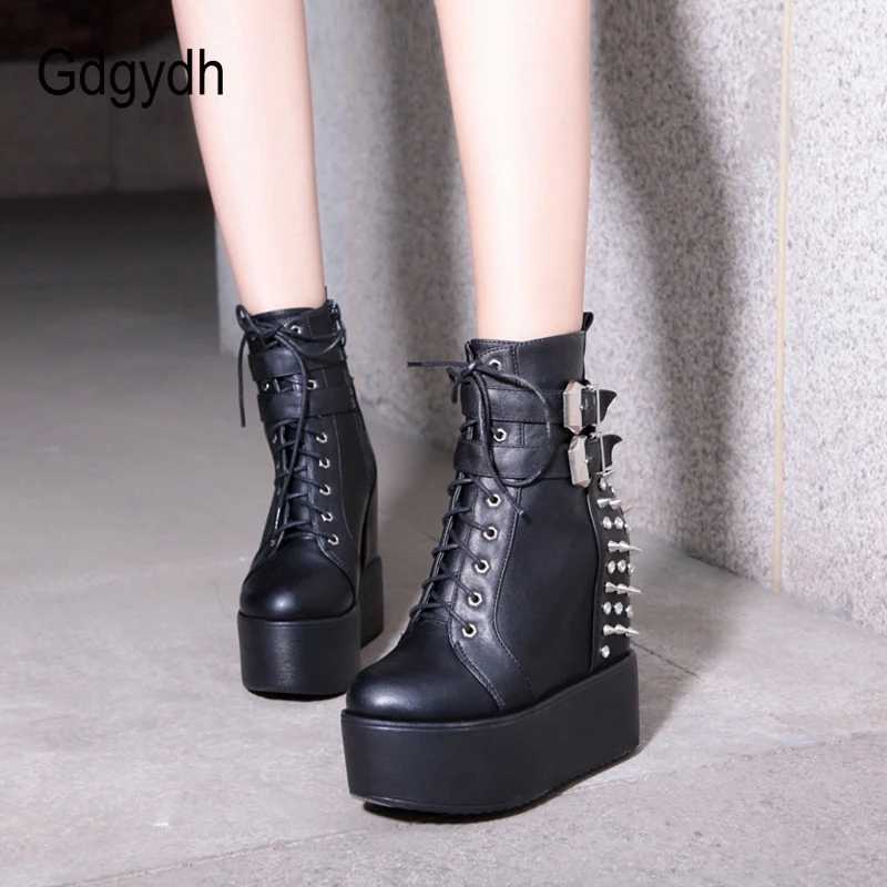 Gdgydh 2022 Round Toe Metal Rivets Ankel Boots For Women Black White Gothic Female Shoes Drop Shipping Wedges High Heels Shoes