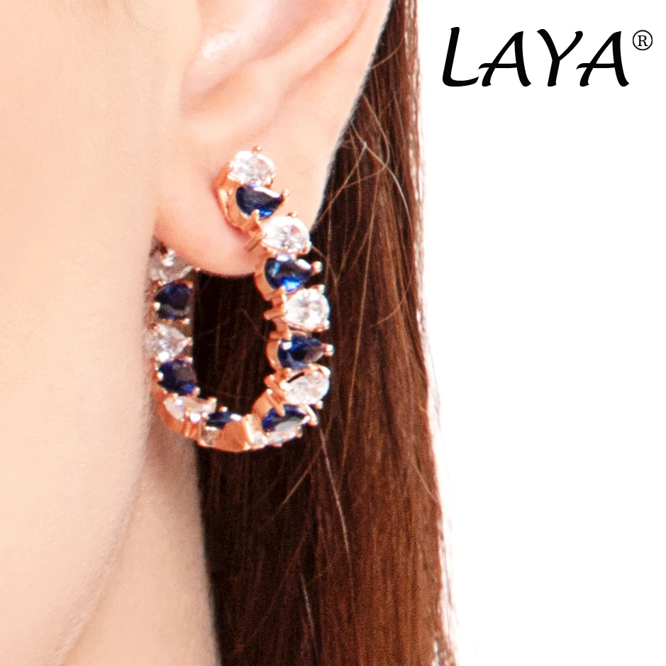 LAYA 925 Sterling Silver Rose Gold Inlaid Synthetic Blue Crystal Huggie Earrings For Women Wedding Original Modern Jewelry