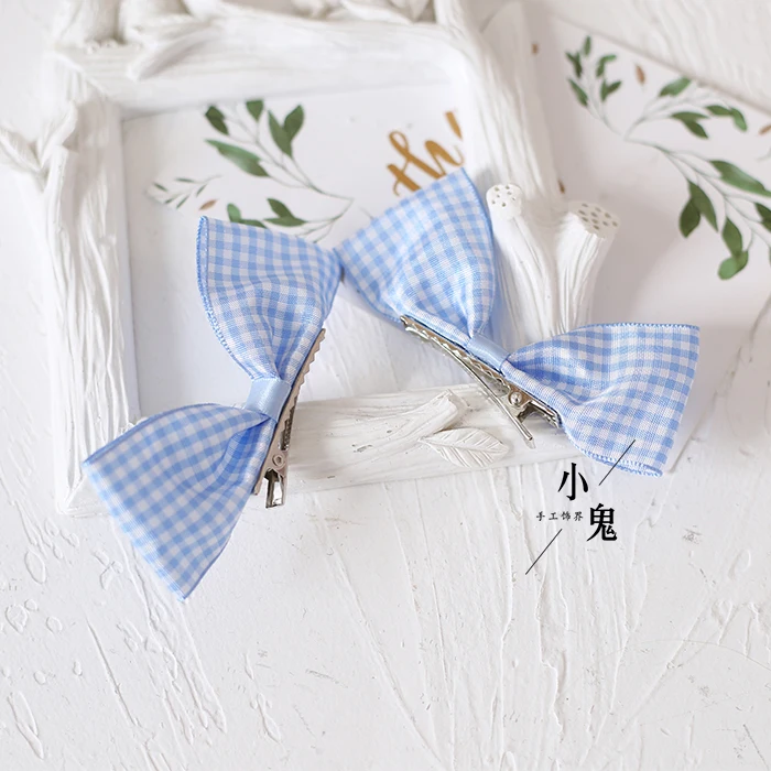 Japanese-Style Sweet Light Blue Plaid Lolita Hairband Hair Clip Soft Sister Small Object Side Clip Lace Bow Hairband