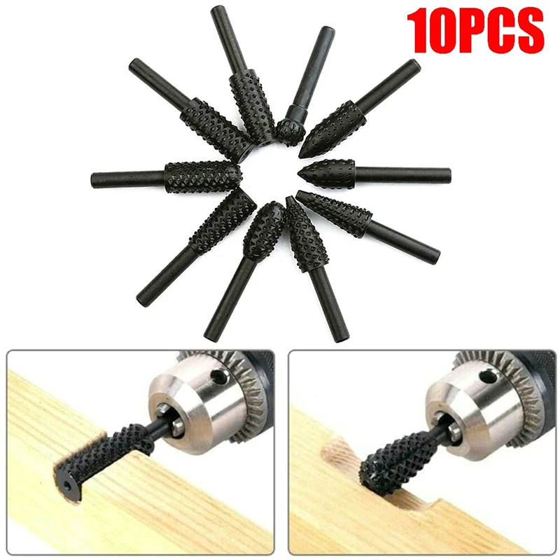 10pcs/set 1/4'' 6mm Steel Shank Rotary Burr Set Wood Rasp File Drill Bits Rotary Rasp Set for Woodworking Tool Set Accessories A