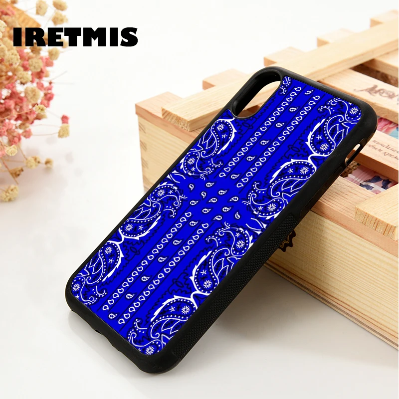 Iretmis 5 5S SE 2020 6 6S Silicone Rubber Phone Case Cover for iPhone 7 8 Plus X Xs 11 12 MINI Pro Max XR Blue Bandana Paisley