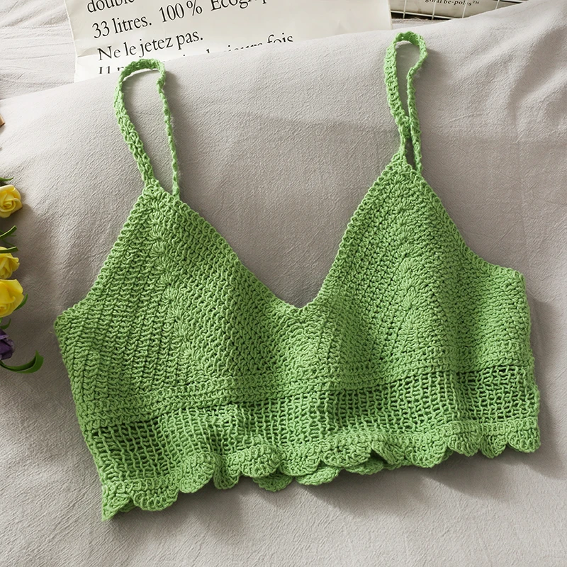 OUMEA Women Crochet Cotton Camis Top Candy Color Sweet Summer Beach Sexy Spaghetti Croceht Cropped Tops Scallop Edge Backless