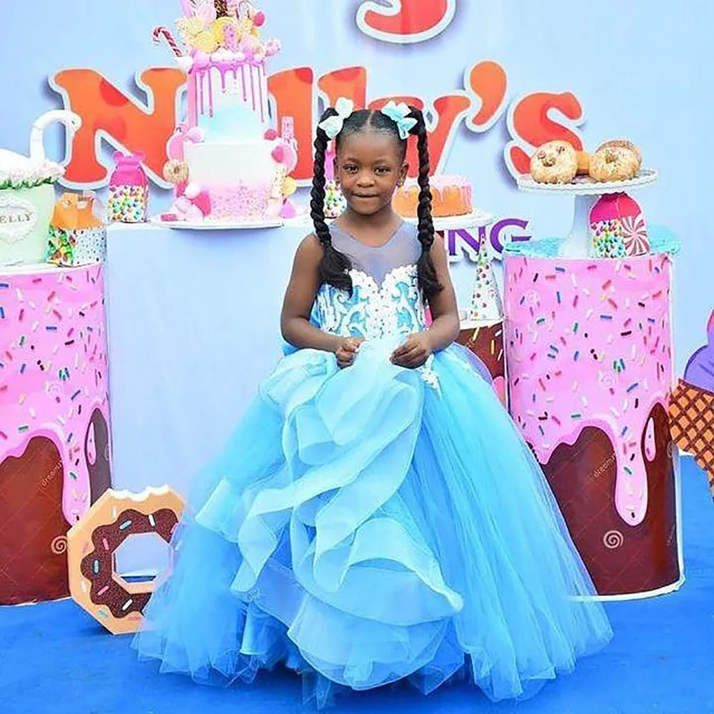 

LightBlue Girls Pageant A Line Applique Kids Formal Wear Tulle Flower Girls Dresses Birthday Christmas Wedding Party Events Gown