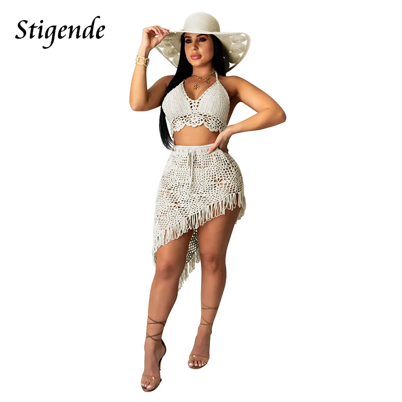 Stigende Damska nieregularna dwuczęściowa spódnica Cover Up Summer Beach 2-częściowy dzianinowy zestaw kąpielowy Sexy Bandage Hollow Out Crochet