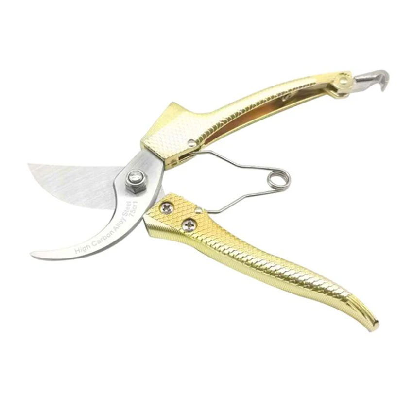 Hand Pruner for Garden, Bypass Pruning Shears, Carbon Steel Blade, Gold Aluminum Handle, Tail Buckle, 8 