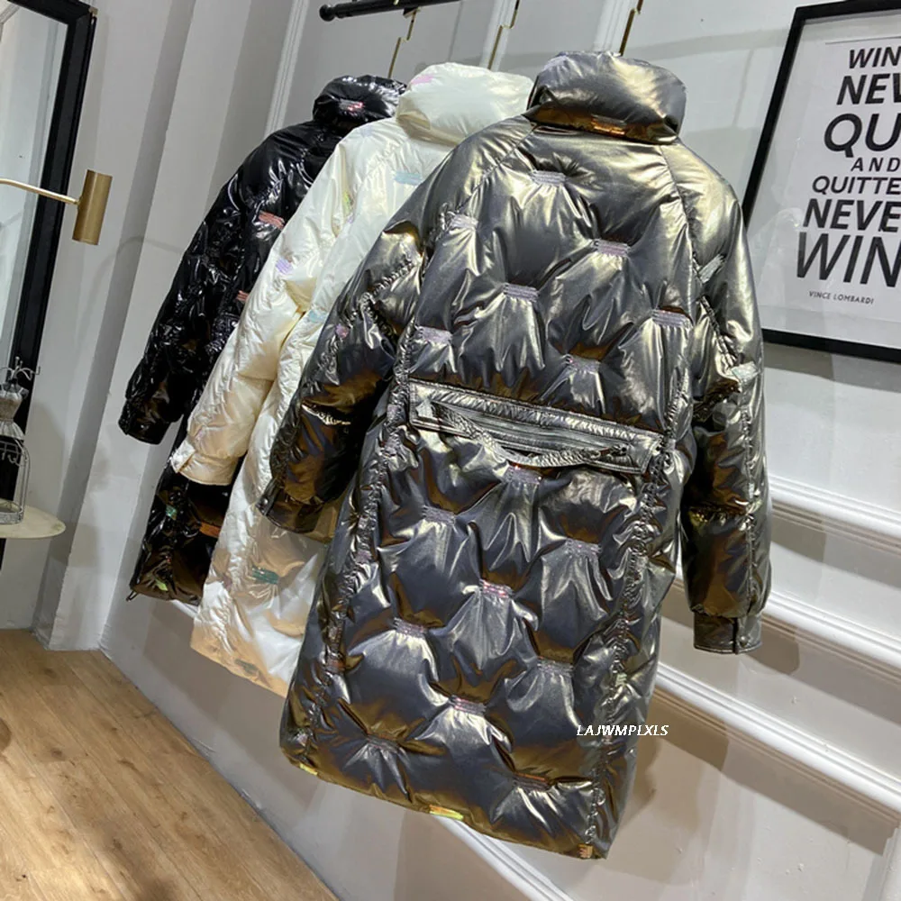 Glossy patent fabric down coats Winter Luxurious quality glossy down coat female Stand-up collar thicker warm down coat