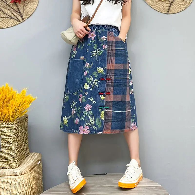 

2021 Summer Denim Skirt Female Loose Oversize Retro Printed Disc Button Big Pocket Midi Skirt Casual Patchwork Jeans Saia zh1292