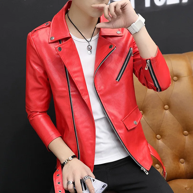 2023 Men's Autumn New Oblique Zipper Lapel Leather Coat Youth Fashion Casual Rivet Leather Coat