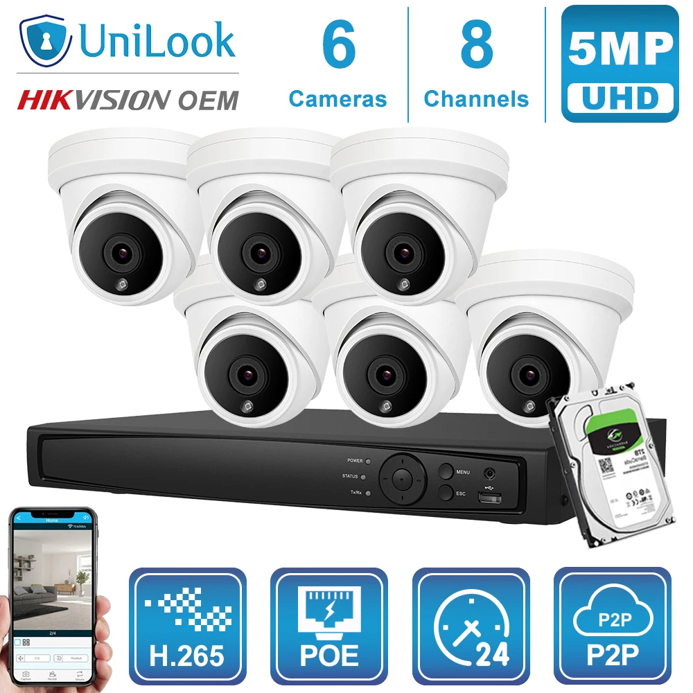 UniLook 8CH NVR 4/6/8Pcs 5MP POE IP Camera NVR Kit Outdoor CCTV  Security System Night Vision OEM H.265 P2P View Audio