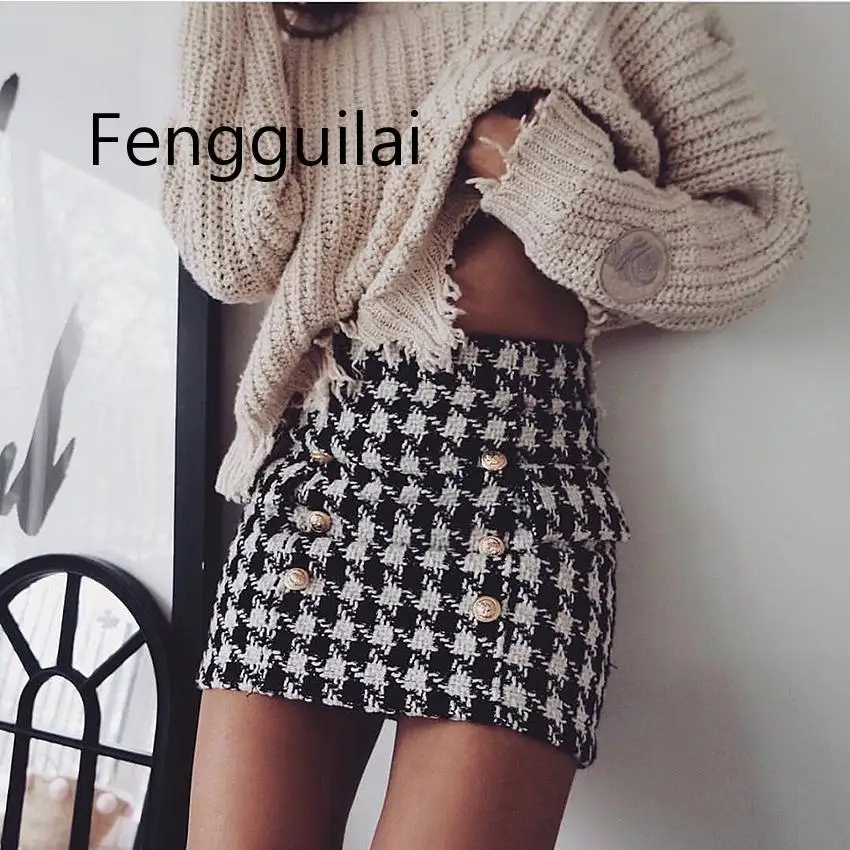 FENGGUILAI Hight Street New Fashion 2020 Spring Skirt Women's Lion Buttons Double Breasted Tweed Wool Houndstooth Mini Skirt