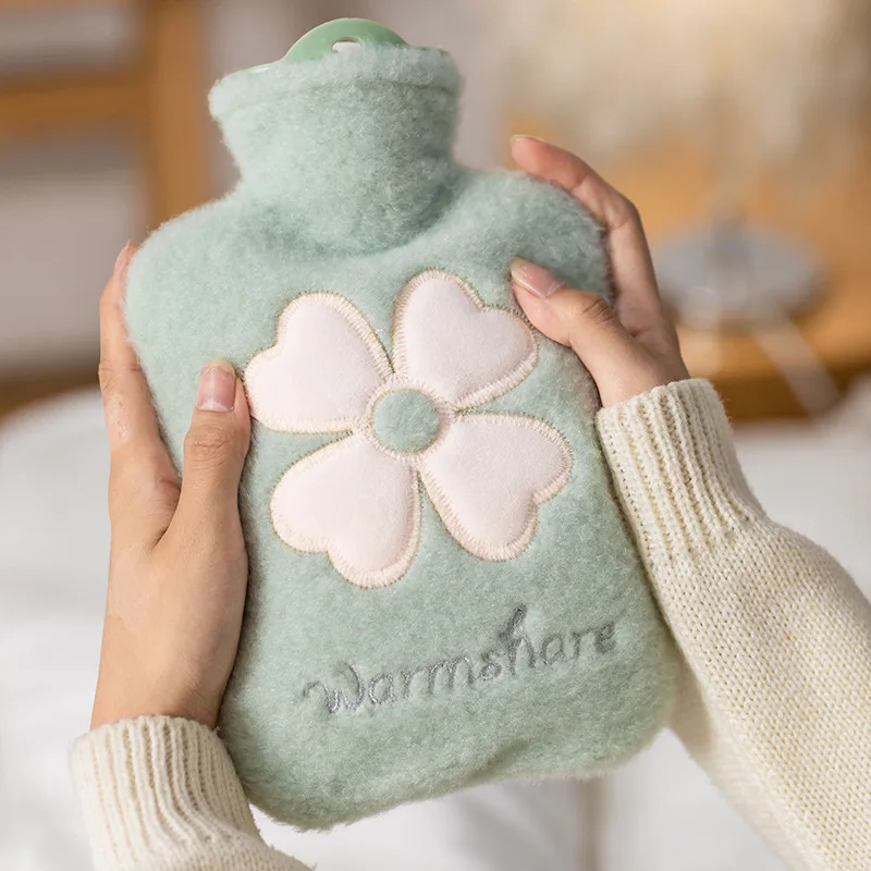 500/1000ml Lucky Clover Hot Water Bag with Plush Cover Female Kids Adults Keep on Feet Hand Warmer PVC Water Bottle Winter Warm