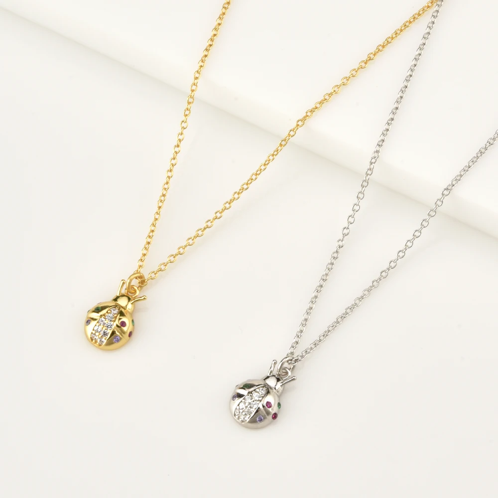 LOZOYA 925 Sterling Silver Gold Ladybug Animal Colorful Pendant Zircon CZ Pave Long Chain Luxury Jewelry Fine Jewellry Gift