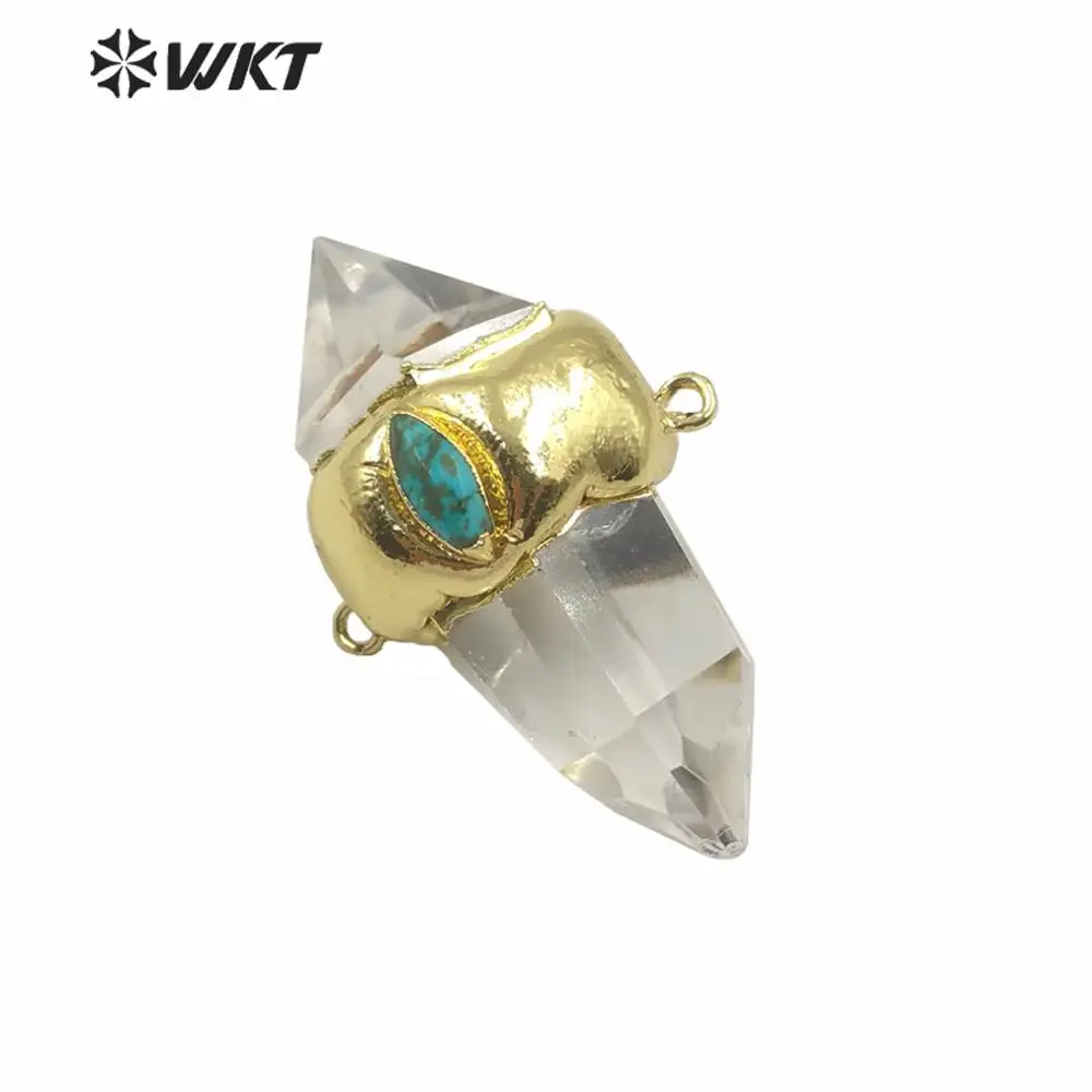 WT-P1552 WKT Wholesale Clear Stone Pendant Natural Double Point spirit Quartz Pendant In Gold Plated Women Jewelry Stone Pendant