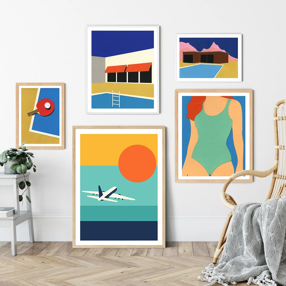 Nordic Prints Cartoon Table Tennis Swimsuit Posters Canvas Painting Wall Art Aircraft House Picture Studyroom Bedroom Home Decor