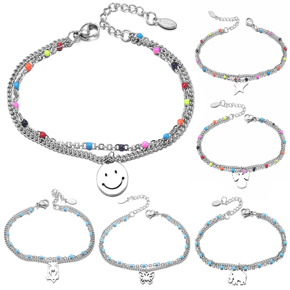 New Good Luck Colorful Bracelet 18CM Adjustable Stainless Steel Bangles Jewelry 2021 Double Layer Fashion Simple Couple Bracelet