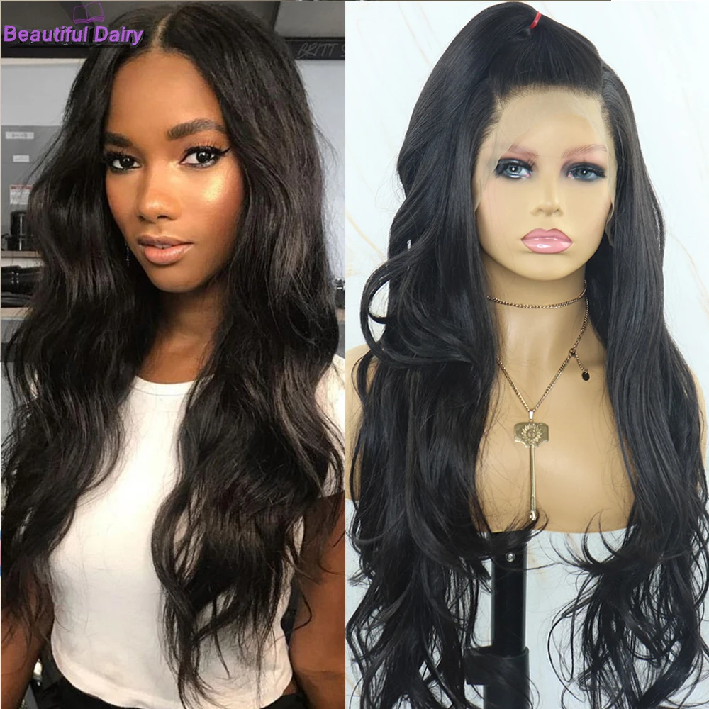 Beautiful Diary Long Black Wigs Futura Hair 13X6 Synthetic Lace Front Wigs For Women Natural Wavy Lace Frontal Wig Gluesless WIG