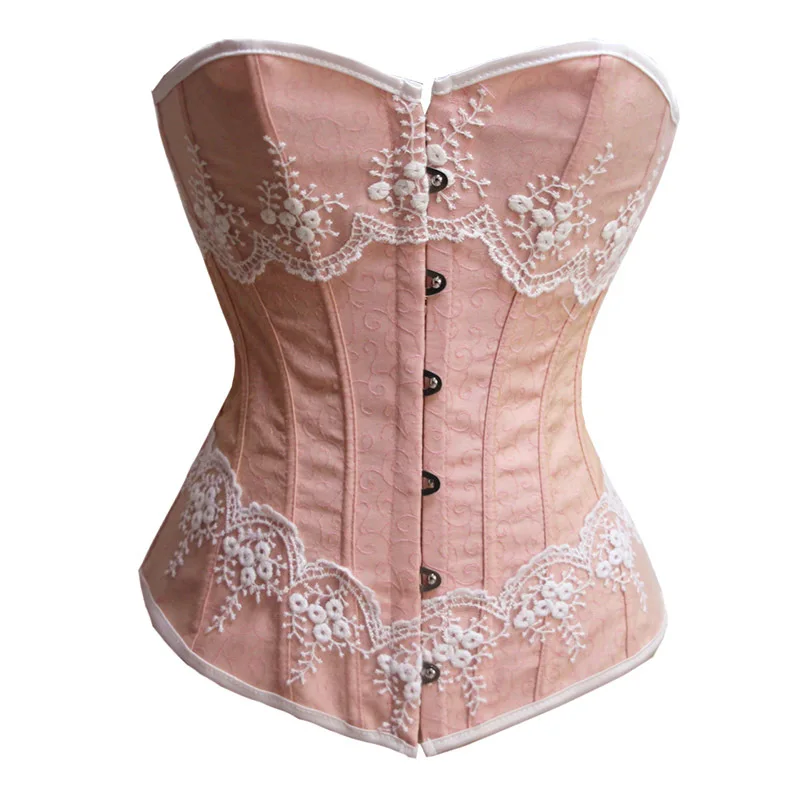 

Wedding Korsett Lace Applique Pink Corset Waist Trainer Shaper Overbust Bustier Fish Boned Sexy Korset Front Busk Slmming Gorset