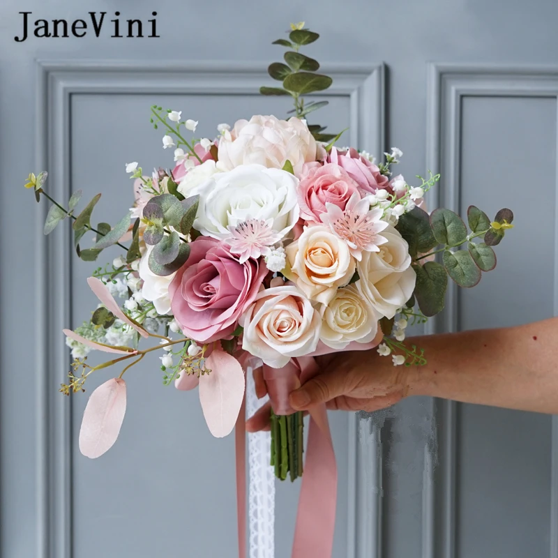 

JaneVini Vintage Dusty Pink Korean Wedding Bouquets Handmade White Silk Flowers Hydrangea Roses Bridal Fake Bouquet Accessories